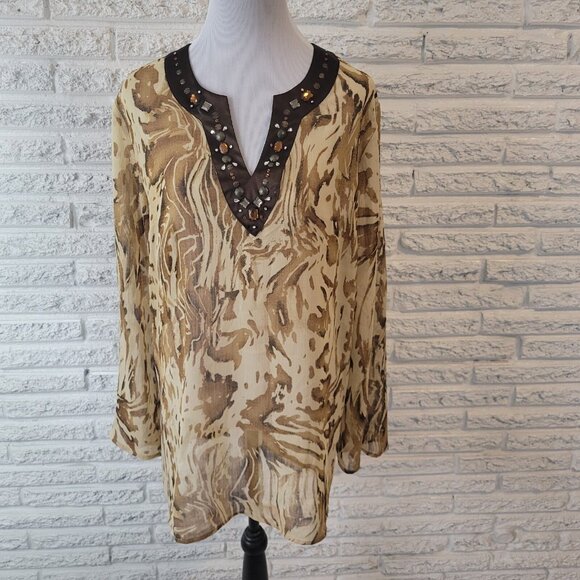 Susan Graver QVC Womens Top Brown Tan Animal Print Beaded Sheer ANI47E - Picture 1 of 9